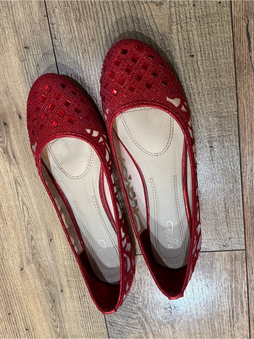 Red Glitter Ballet Flats Laser Cut Slip On Sparkly Shoes Size 10